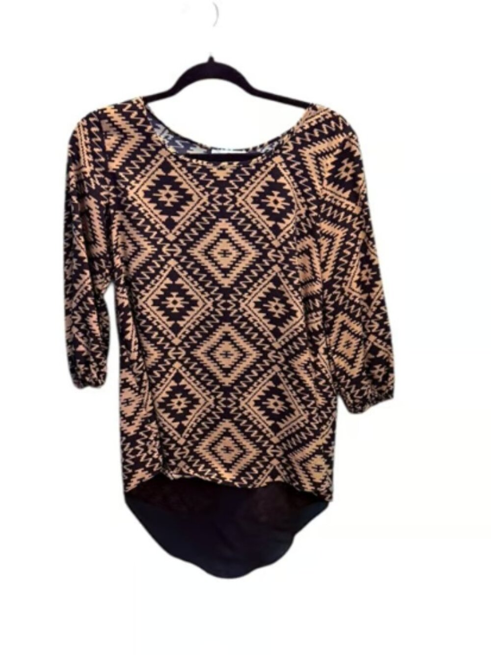 Moa Moa Women’s Long Sleeve Top – Size S – Black & Tan Geometric Print